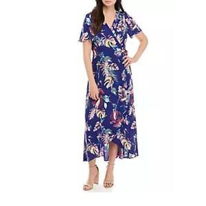 Chris McLaughlin Maxi Wrap Dress Womens Size 10 Blue Floral Short Sleeve Long